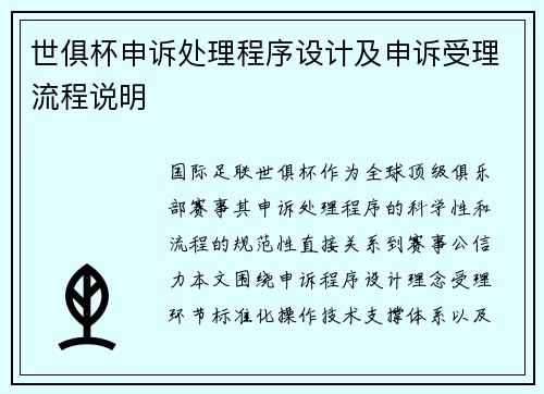 世俱杯申诉处理程序设计及申诉受理流程说明
