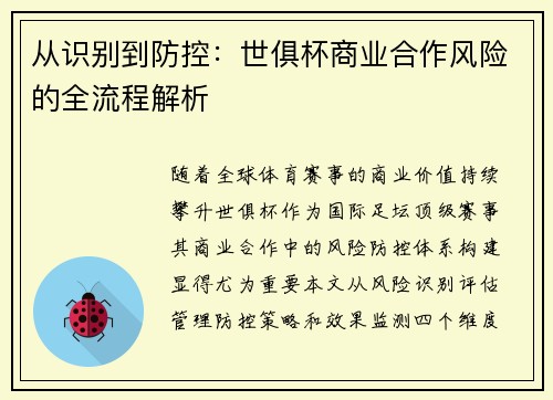 从识别到防控：世俱杯商业合作风险的全流程解析